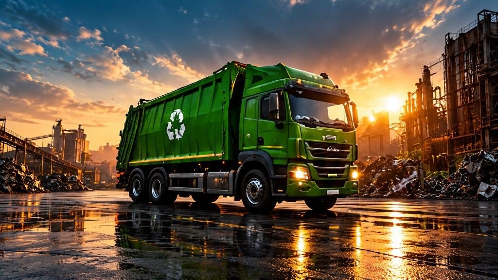 Recycling-LKW im Abendlicht