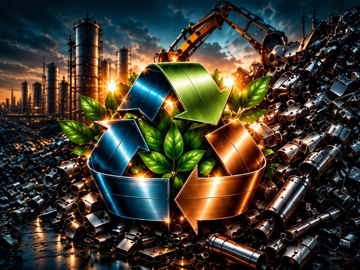 3D Recycling-Symbol aus Metall mit Blättern