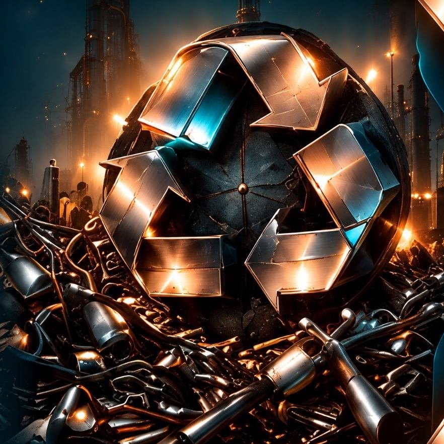 3D Recycling-Symbol aus Metall auf Schrott